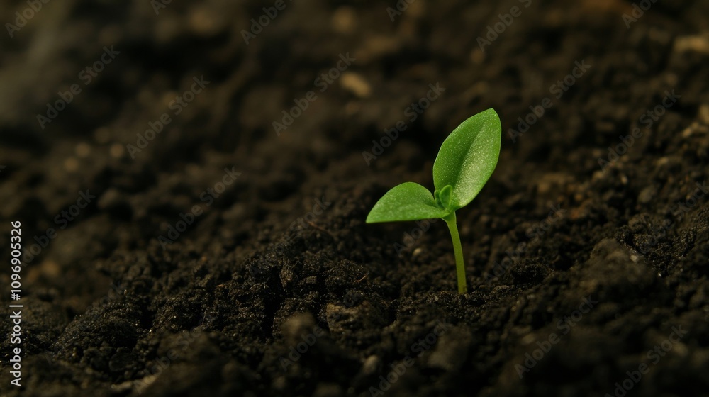 New life emerging: small green sprout growing in rich soil for nature and growth themes New life emerging: small green sprout growing in rich soil for nature and growth themes