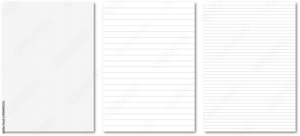 Kartki papieru. Trzy kartki z zeszytu. Strony w kratkę i linię.