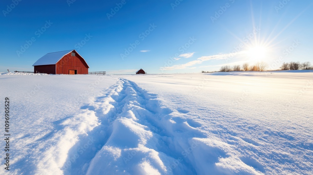 A sunlit snowy field stretches into the distance with a red barn, embodying the peace and simplicity of rural winter life against a vivid blue sky landscape. A sunlit snowy field stretches into the distance with a red barn, embodying the peace and simplicity of rural winter life against a vivid blue sky landscape.