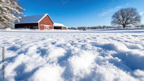 A low-angle view of a snow-covered field with a red barn and a tree, perfectly capturing the serene beauty and simplicity of a clear winter landscape.