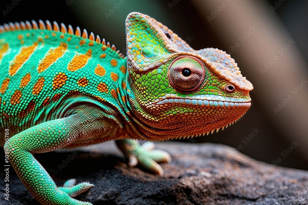 Obraz premium Viridescent Chameleon with Striking Features in Close-up Wildlife Photography