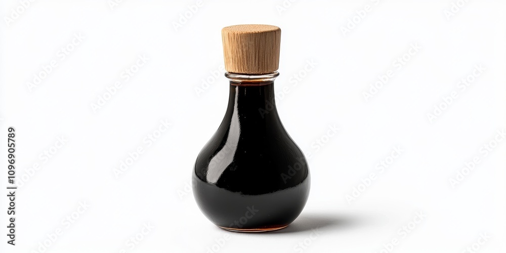 Bottle of soy sauce with wooden cap on white background Bottle of soy sauce with wooden cap on white background