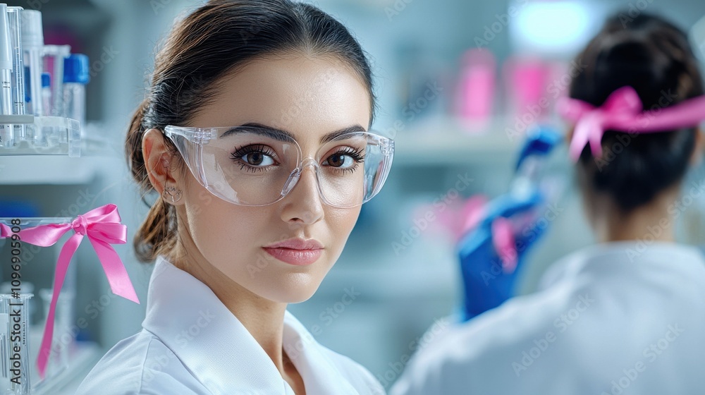 Young Female Scientist in Lab Coat Conducting Chemistry Experiments Young Female Scientist in Lab Coat Conducting Chemistry Experiments