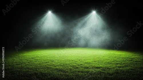 Illuminated soccer stadium field under bright spotlights at night for sport event design