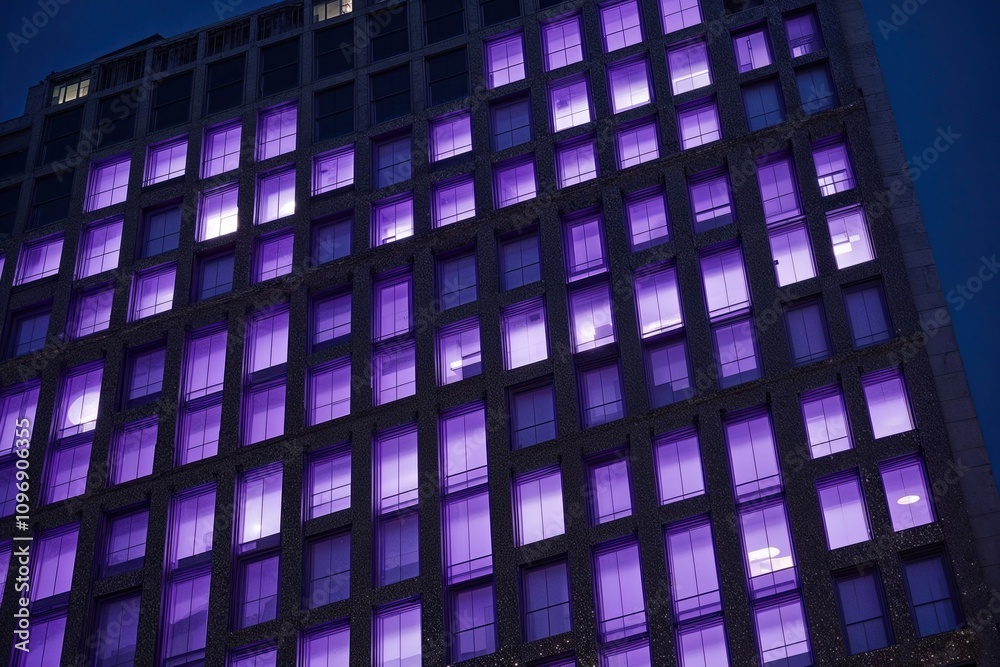 Glimmering Architectural Skyscraper Facade with Lavender Tinted Windows at Twilight Glimmering Architectural Skyscraper Facade with Lavender Tinted Windows at Twilight