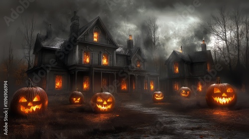 Haunted Halloween House with Jack-o'-lanterns in a Foggy Forest