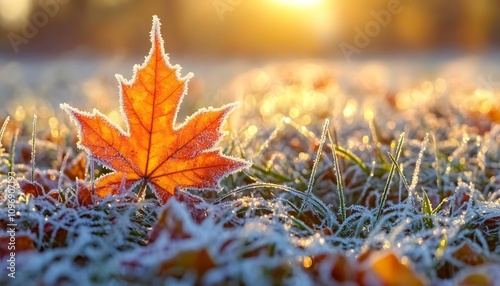 Autumn landscape with a frozen leaf on the grass at sunrise in a park, close-up. Orange and yellow maple leaves covered in frost, with golden sunlight rays.  photo