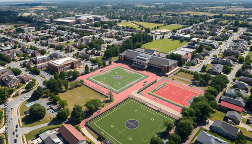 High school with sport fields in suburb district of american town. Sunny day in american campus area. Aerial top down shot isolated highlighted by white, png photo