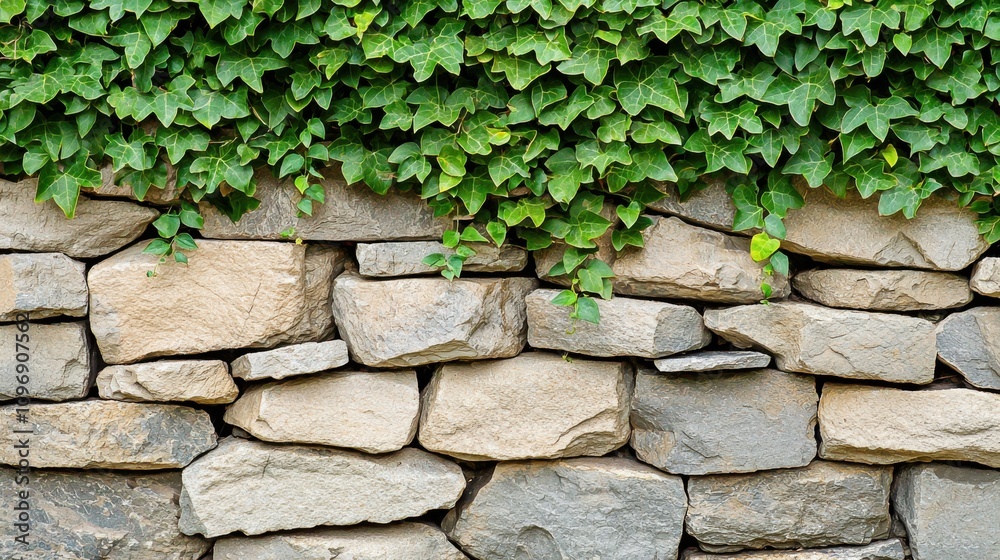 Overgrown Stone Wall with Lush Ivy and Foliage in Natural Garden Setting Overgrown Stone Wall with Lush Ivy and Foliage in Natural Garden Setting