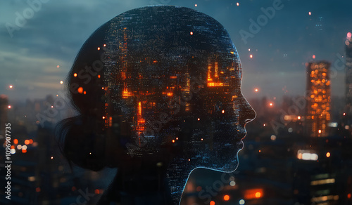 Digital human head profile with a glowing digital city background, an artificial intelligence concept.