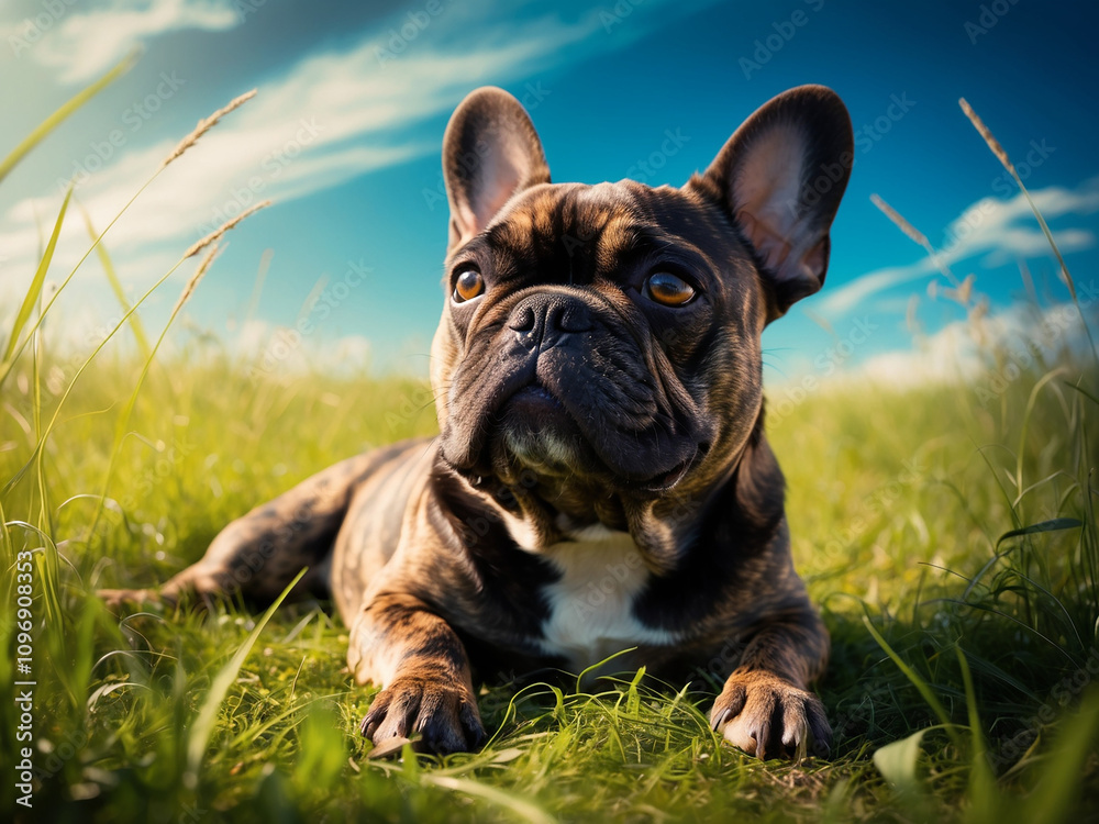 Fototapeta premium A French bulldog with a wrinkled, brindle-patterned coat and a distinctive 
