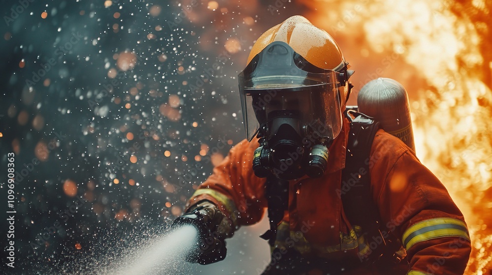 Obraz premium Firefighter Battling Vibrant Flames with Fire Hose in Action