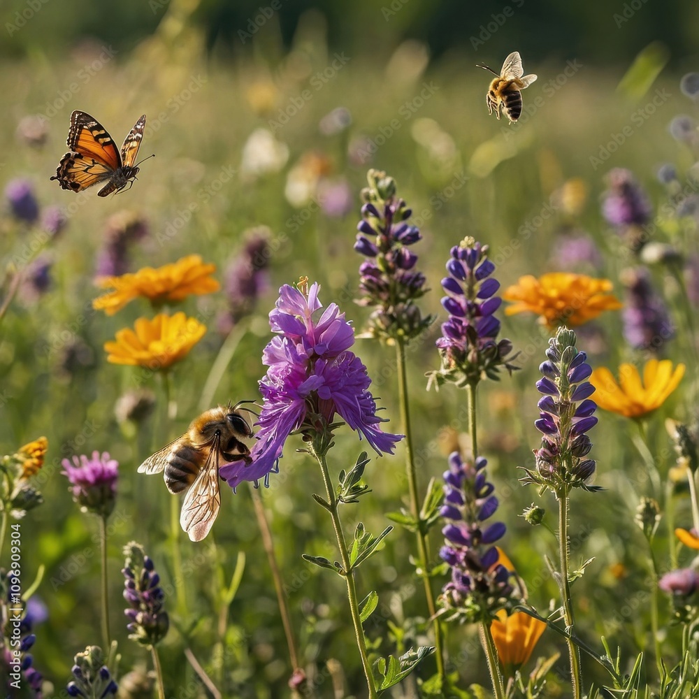 wild field with butterflies and bees wild field with butterflies and bees
