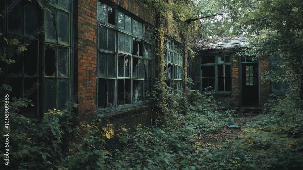 Overgrown Brick Building With Broken Windows Overgrown Brick Building With Broken Windows