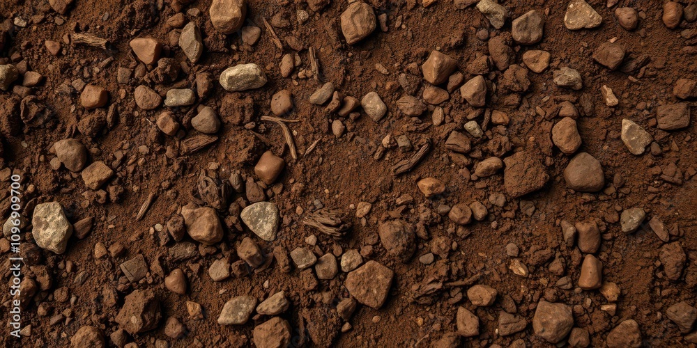 Close-up of rich brown dirt texture with small rocks and roots, rocks