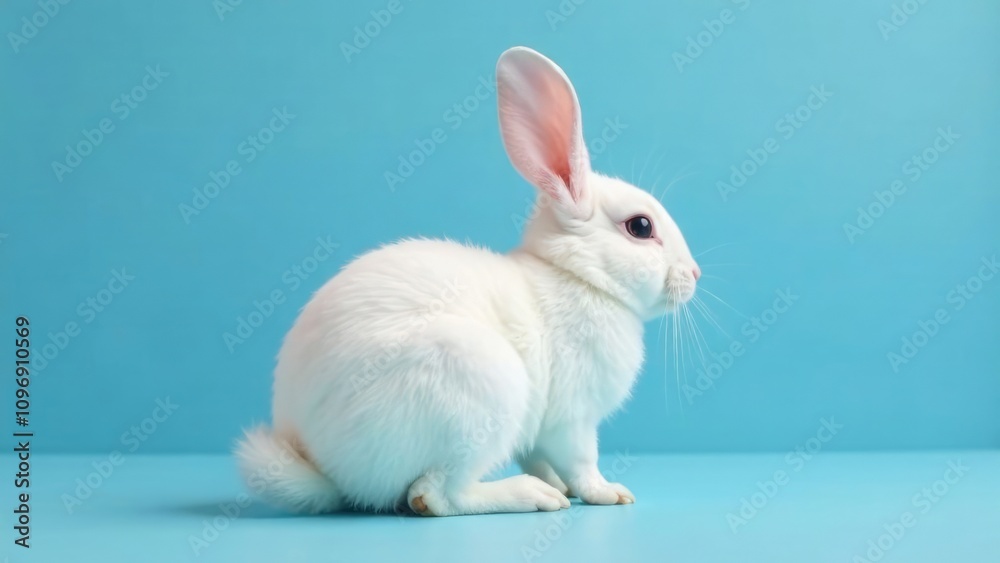 A fluffy white rabbit sits on a light blue background, its soft fur and long ears creating a charming and peaceful Easter image. Concept of Easter bunny and springtime. A fluffy white rabbit sits on a light blue background, its soft fur and long ears creating a charming and peaceful Easter image. Concept of Easter bunny and springtime.