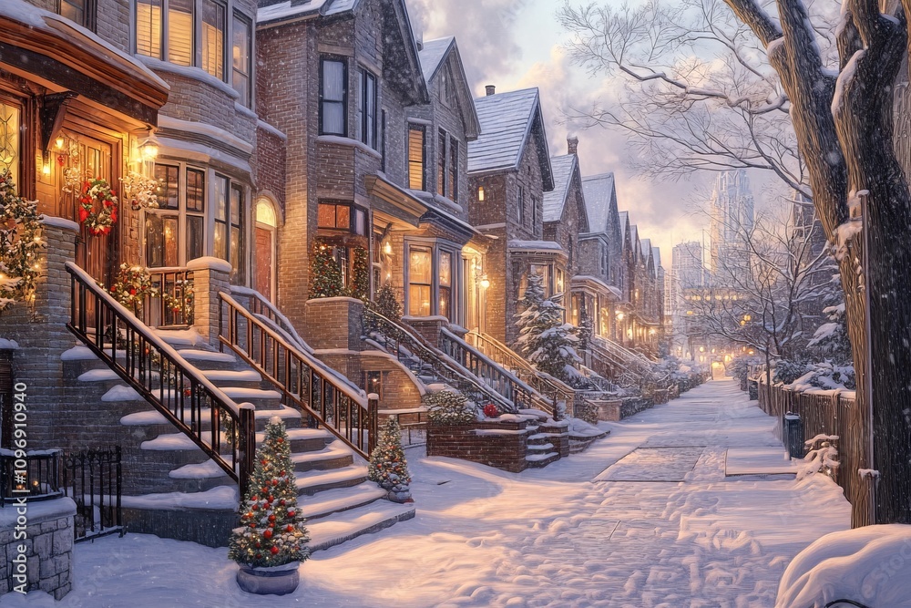 Snowy Street in Chicago's Lakeview Neighborhood, Holiday Decorations. AI generated illustration Snowy Street in Chicago's Lakeview Neighborhood, Holiday Decorations. AI generated illustration