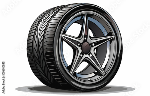 Sport Car Wheel, Alloy Rim and Rubber Tire on Asphalt Road.