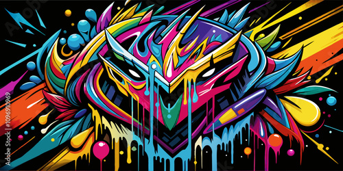Vibrant Colorful Graffiti on Black Wall with Dripping Paint and splashes.