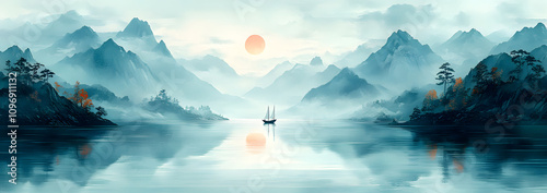 Laozi, the ancient Chinese philosopher, meditating on top of a mountain with a serene expression, symbolizing wisdom, peace, and the pursuit of enlightenment. Surrounded by nature, his presence embodi