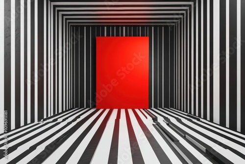 A minimalist interior featuring bold black and white stripes with a red door.