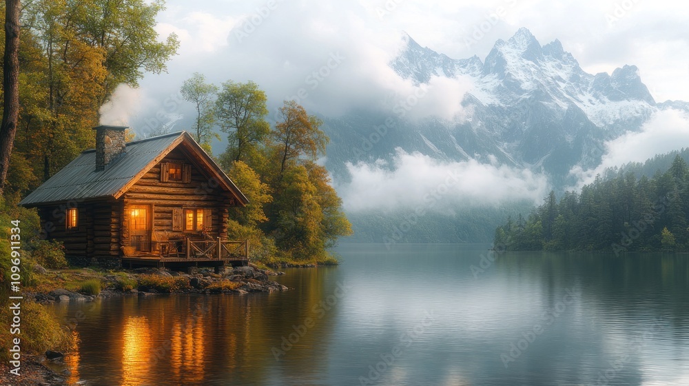 Fototapeta premium Serene Lakeside Cabin Retreat: Majestic Mountain Views