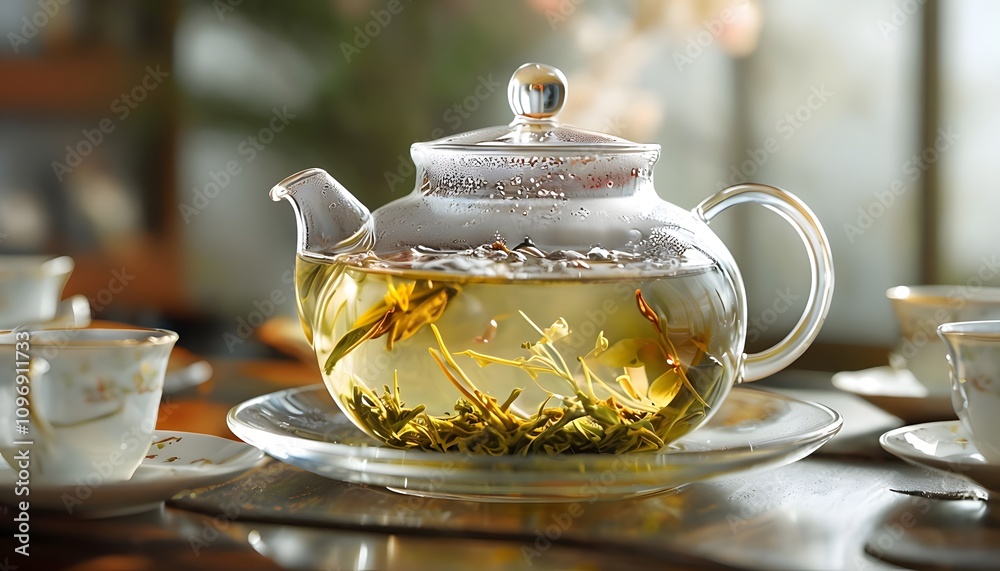 Tea Leaves Unfurling in a Glass Teapot Tea Leaves Unfurling in a Glass Teapot