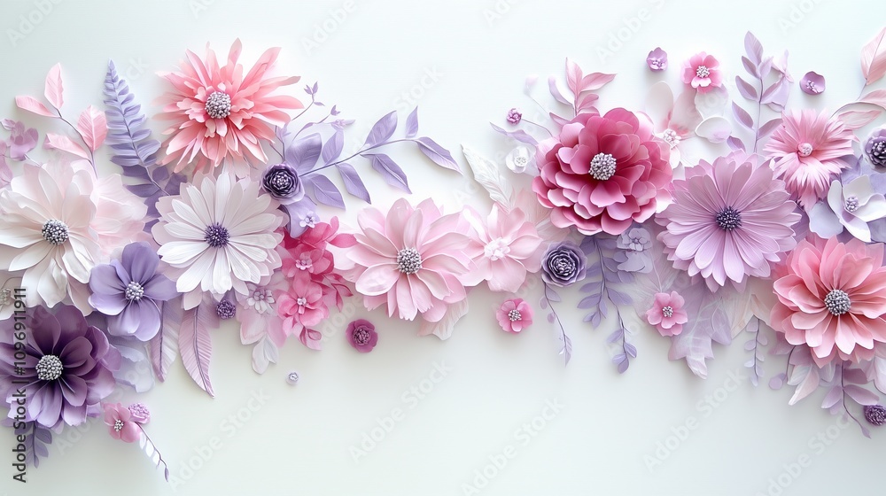 A pink, lavender, and white floral page border on a white background. A pink, lavender, and white floral page border on a white background.