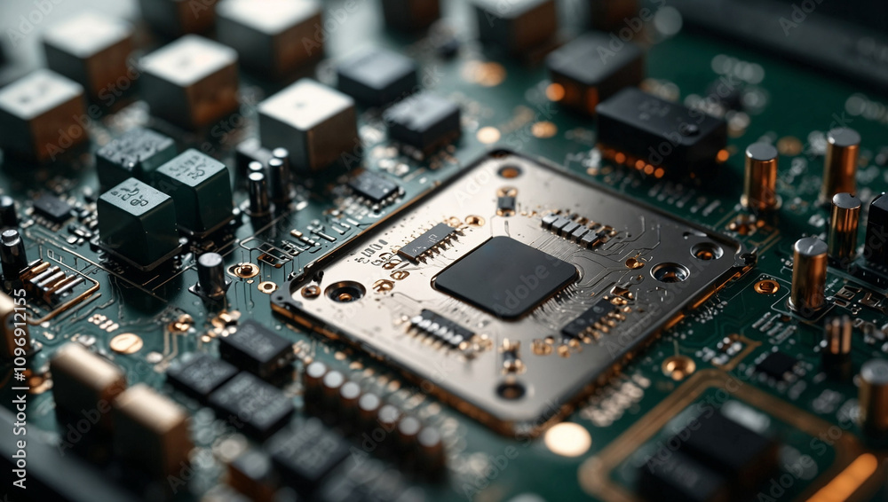 A closeup view of a microchip with intricate details and glowing edges, placed on a flat white background to highlight precision. Science and technology concept. Copy space. A closeup view of a microchip with intricate details and glowing edges, placed on a flat white background to highlight precision. Science and technology concept. Copy space.