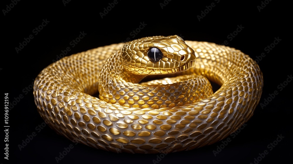 Obraz premium A golden snake, made of metal, with its head raised upwards.