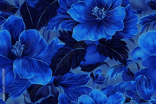 seamless of  beautiful dark - royal blue vivid texture background. Fabric full of blue flowers , isolated on white background,  , copy space, copy space for text,