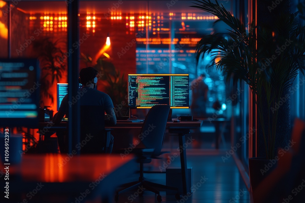 Focused programmer coding on multiple screens in dimly lit workspace Focused programmer coding on multiple screens in dimly lit workspace