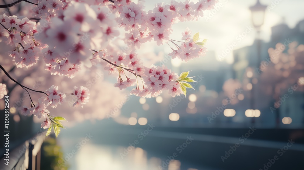 Fototapeta premium An avenue of Japanese cherry trees in pink and white blossom, in the blurred background.