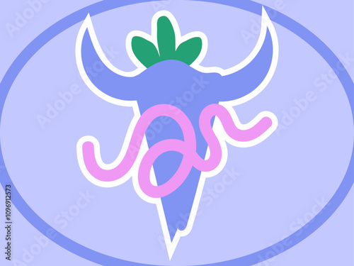 Abstract animal skull with green flower and rope sticker illustration