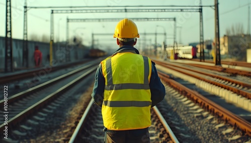 A railway worker in a yellow vest and helmet standing on the railroad tracks, an engineer working at a railway station, construction of a train track 