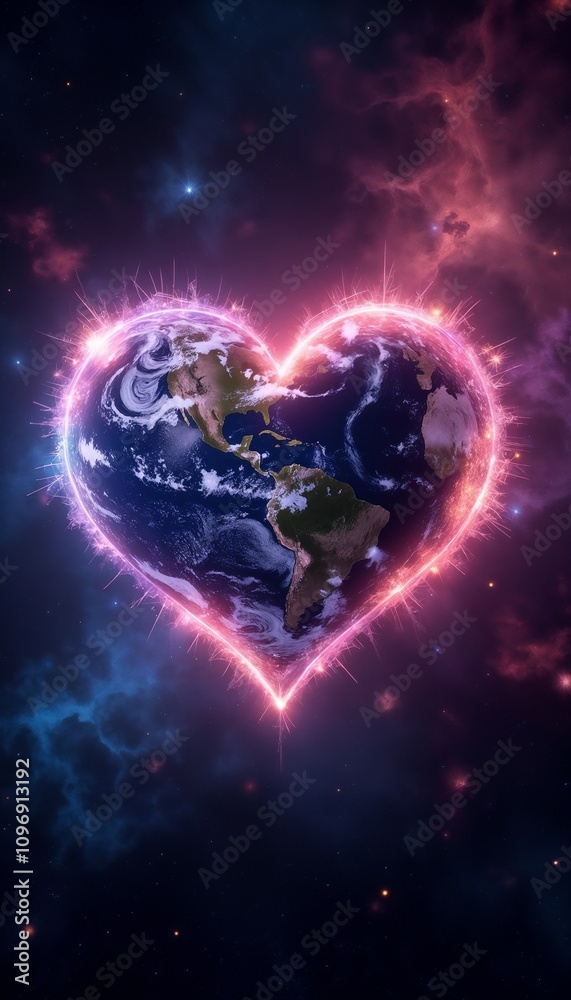 Earth shaped as a glowing heart in space with cosmic nebula. A pink sparkling glow from Planet Earth.
Earth shaped as a glowing heart in space with cosmic nebula. A pink sparkling glow from Planet Earth.