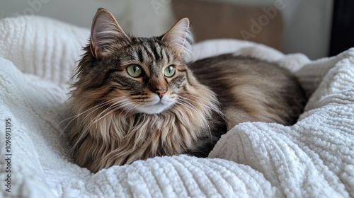 Majestic Maine Coon Cat Resting on a Cozy White Blanket