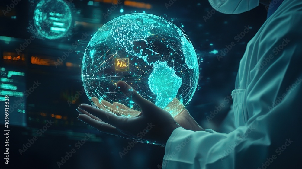 Medical Professionals Holding Glowing Earth Globe with Data Visualization Medical Professionals Holding Glowing Earth Globe with Data Visualization