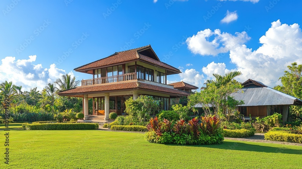 Tranquil Modern Villa Surrounded by Lush Gardens and Tropical Plants Under Bright Blue Sky with Fluffy Clouds in a Serene Residential Neighborhood Tranquil Modern Villa Surrounded by Lush Gardens and Tropical Plants Under Bright Blue Sky with Fluffy Clouds in a Serene Residential Neighborhood