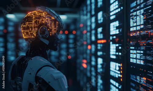 A futuristic robot with glowing circuitry on its head stands in front of rows of digital screens displaying data and code, symbolizing the advanced technology behind AI innovation. 