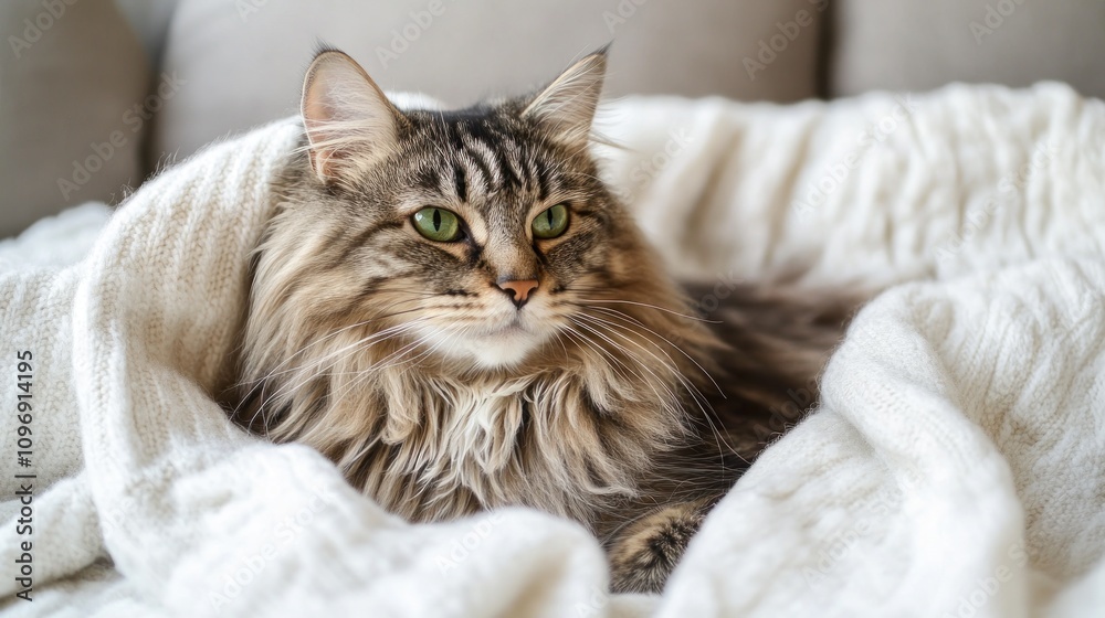 Cozy Maine Coon Cat Wrapped in a Soft Blanket Cozy Maine Coon Cat Wrapped in a Soft Blanket