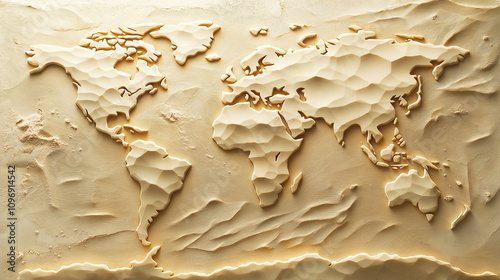 3D Carved Sandstone World Map on Beige Sand Texture photo