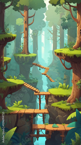 Mobile game asset: 2d forest environment, woods and steps. Level design, cartoon style, platform