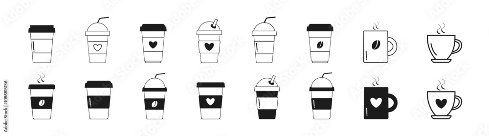 Coffee cup icon vector set. Various cups of coffee. Coffee paper cup, plastic container for hot and cold drink, juice, tea. Coffee cup icon vector set. Various cups of coffee. Coffee paper cup, plastic container for hot and cold drink, juice, tea.