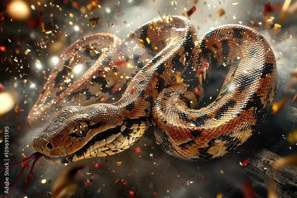 Snake forms the number 2025 surrounded by confetti and sparkling lights for a festive celebration Snake forms the number 2025 surrounded by confetti and sparkling lights for a festive celebration