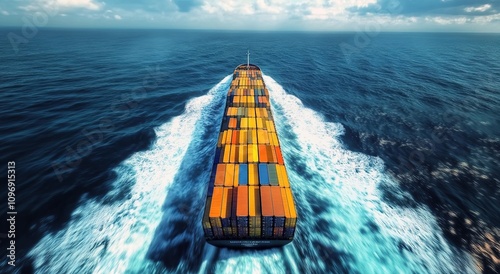  Aerial view of a cargo ship with containers sailing in the open sea photo