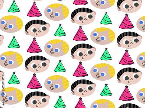 cute cartoon children face with birthday cap background pattern