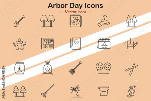 Icons related to Arbor Day and tree planting in vector style