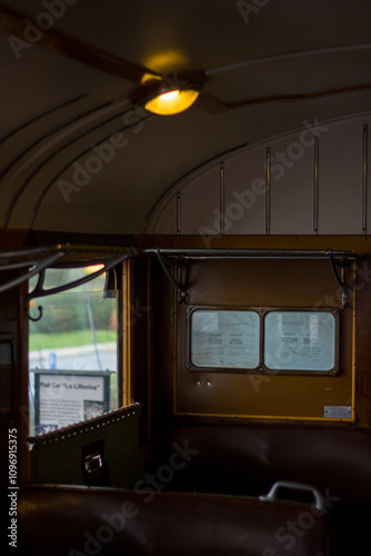 Indoor view of classic train at Ambarawa Station with blurred background. Vintage transportation photography concept design.