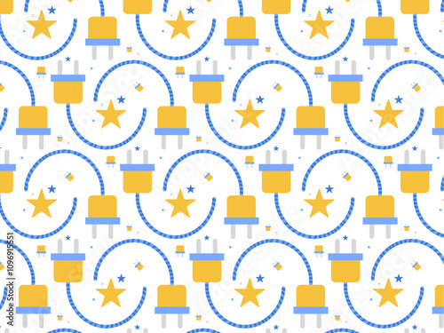 Abstract design of an electrical plug and star seamless background pattern
